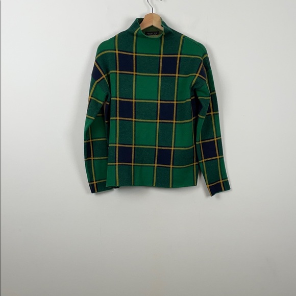 Rachel Zoe Mock Neck Green and Blue Plaid Long Sleeve Matching Hat Sweater Set - Picture 1 of 9